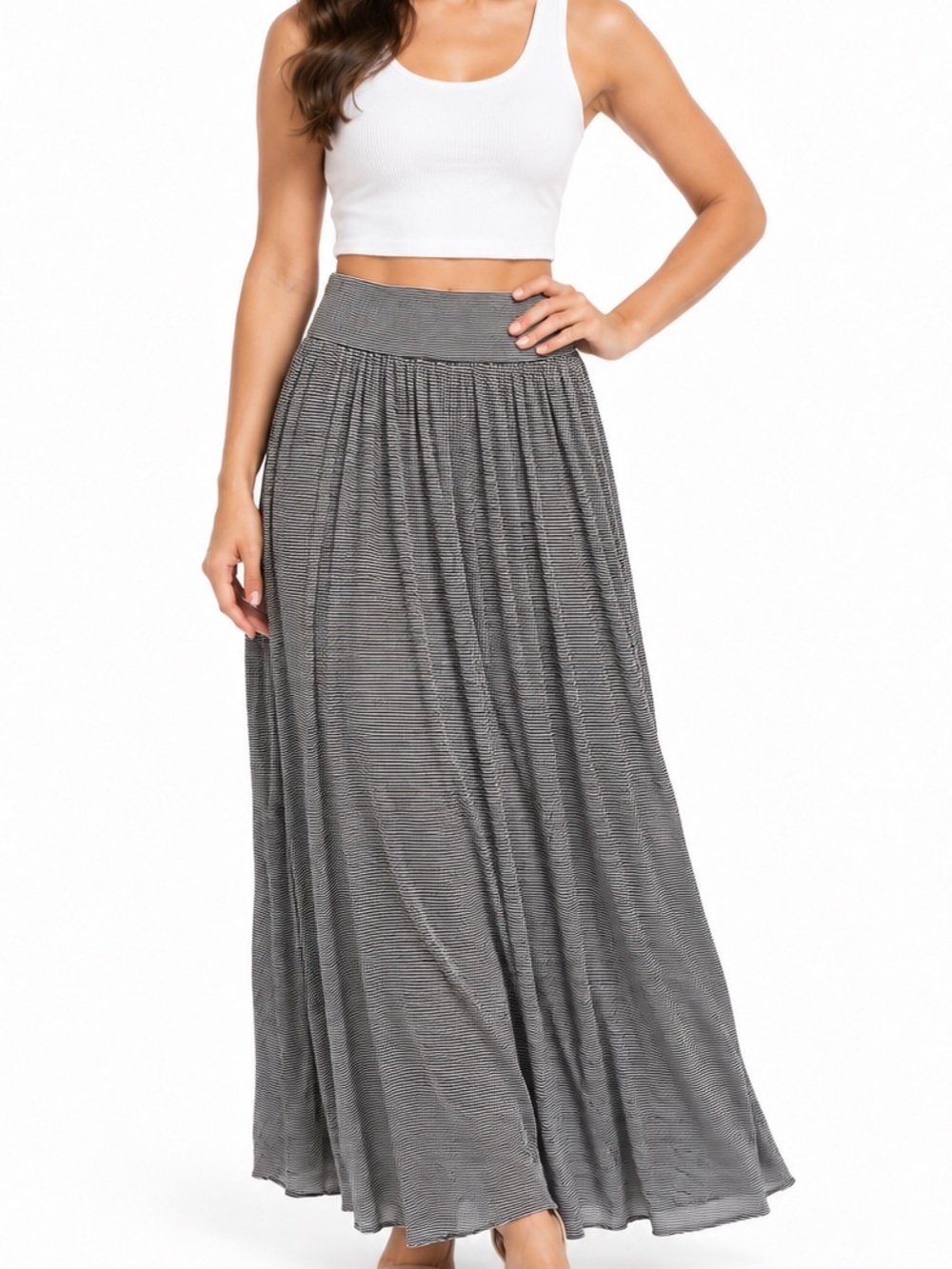 INC International Concepts Striped Gray Maxi Skirt with Wide Waistband